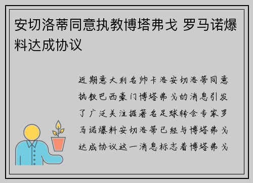 安切洛蒂同意执教博塔弗戈 罗马诺爆料达成协议