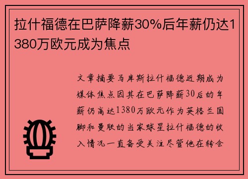 拉什福德在巴萨降薪30%后年薪仍达1380万欧元成为焦点