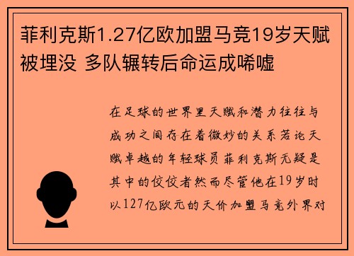 菲利克斯1.27亿欧加盟马竞19岁天赋被埋没 多队辗转后命运成唏嘘