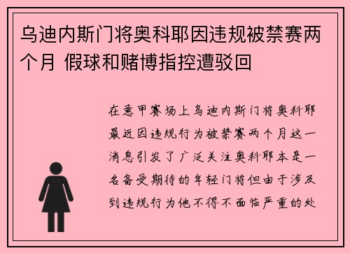 乌迪内斯门将奥科耶因违规被禁赛两个月 假球和赌博指控遭驳回