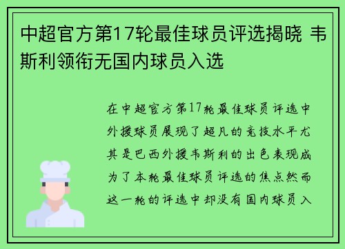 中超官方第17轮最佳球员评选揭晓 韦斯利领衔无国内球员入选