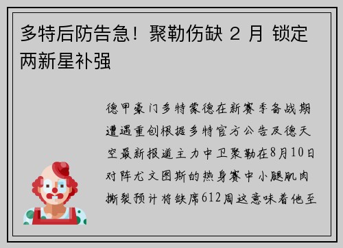 多特后防告急！聚勒伤缺 2 月 锁定两新星补强
