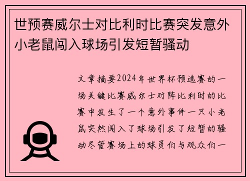 世预赛威尔士对比利时比赛突发意外小老鼠闯入球场引发短暂骚动