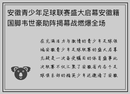 安徽青少年足球联赛盛大启幕安徽籍国脚韦世豪助阵揭幕战燃爆全场